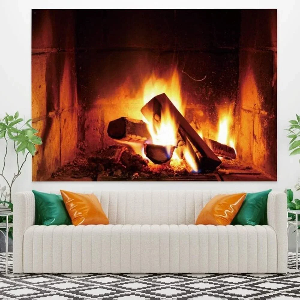 NEW 39.4x27.6" Burning Fire Tapestry Christmas Wood Fireplace Bright Brick Wall - Picture 4 of 7